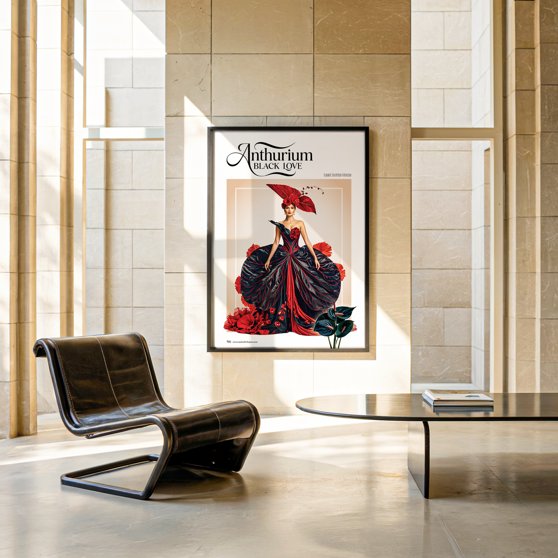 Framed artwork of a woman in a red and black dress with floral elements in a modern interior setting.