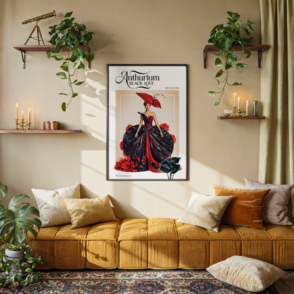 Living room with a yellow sofa, decorative pillows, and a framed poster on the wall.
