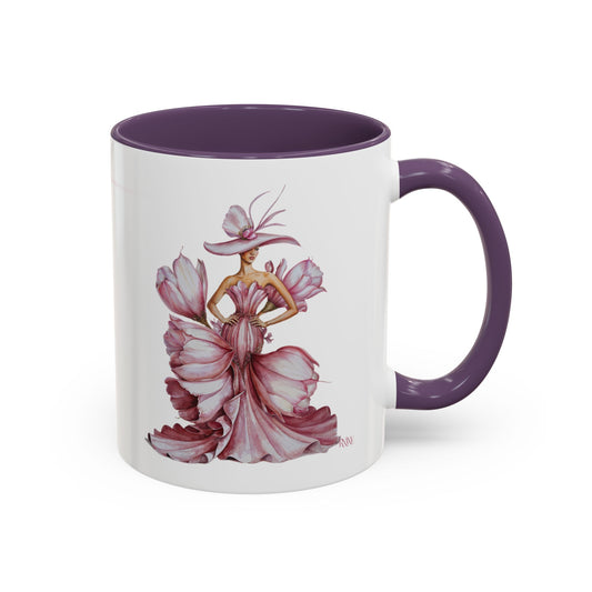 Mug with a design of a woman in a pink dress and hat on a white background