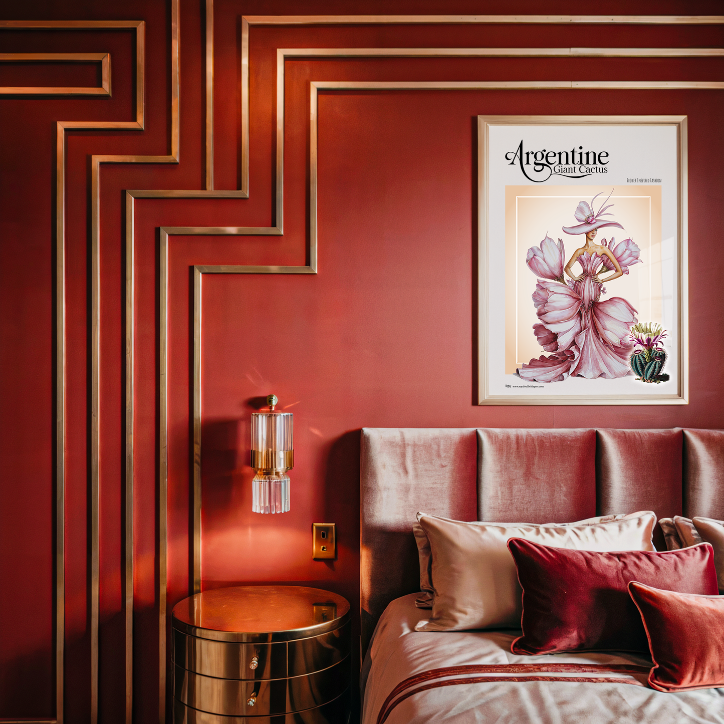 Decorative bedroom with red walls, a bed with pillows, and a framed poster on the wall.