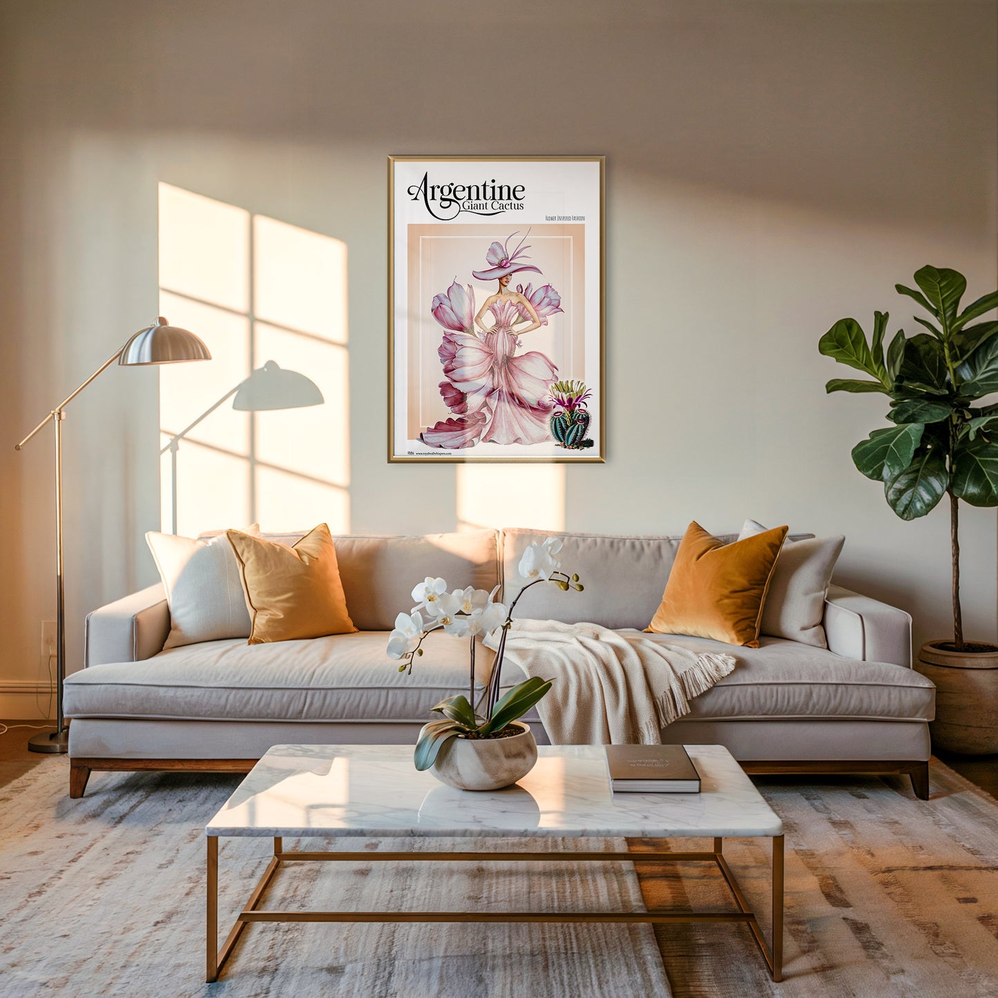 Living room with a beige sofa, coffee table, and decorative elements.
