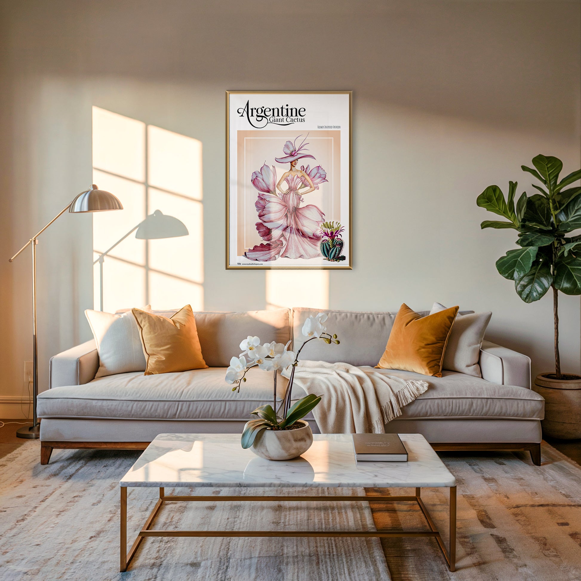 Living room with a beige sofa, coffee table, and decorative elements.