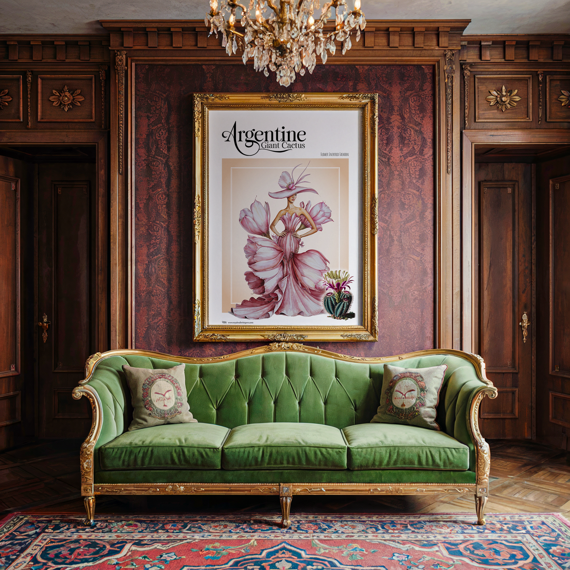 Green velvet sofa in a room with ornate wood paneling and a framed poster on the wall.