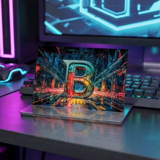 Postcard with cyberpunk letter 'B' design on a desk with neon lights