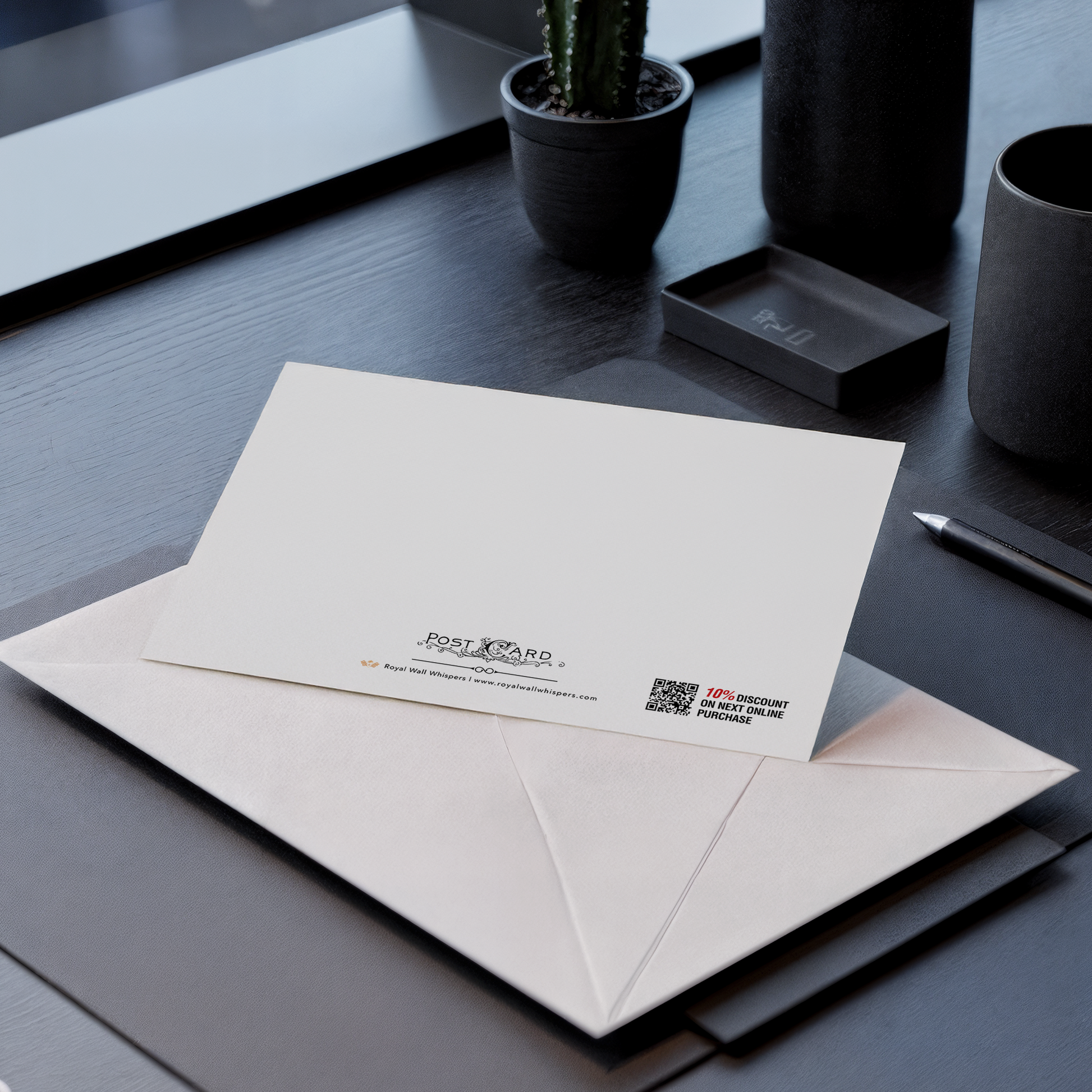 Envelopes with a postcard on a dark surface with a plant and other items.