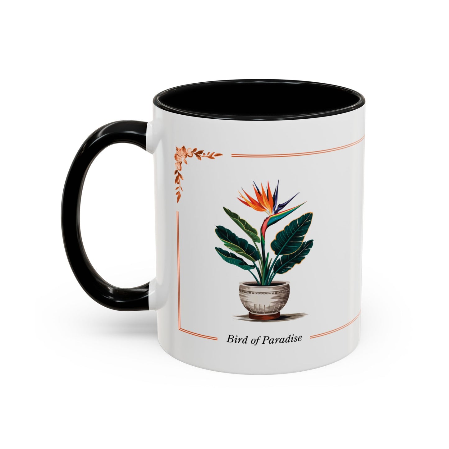 Mug with a design of a Bird of Paradise plant on a white background