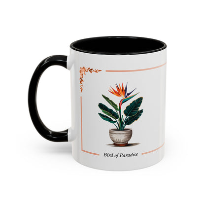 Mug with a design of a Bird of Paradise plant on a white background