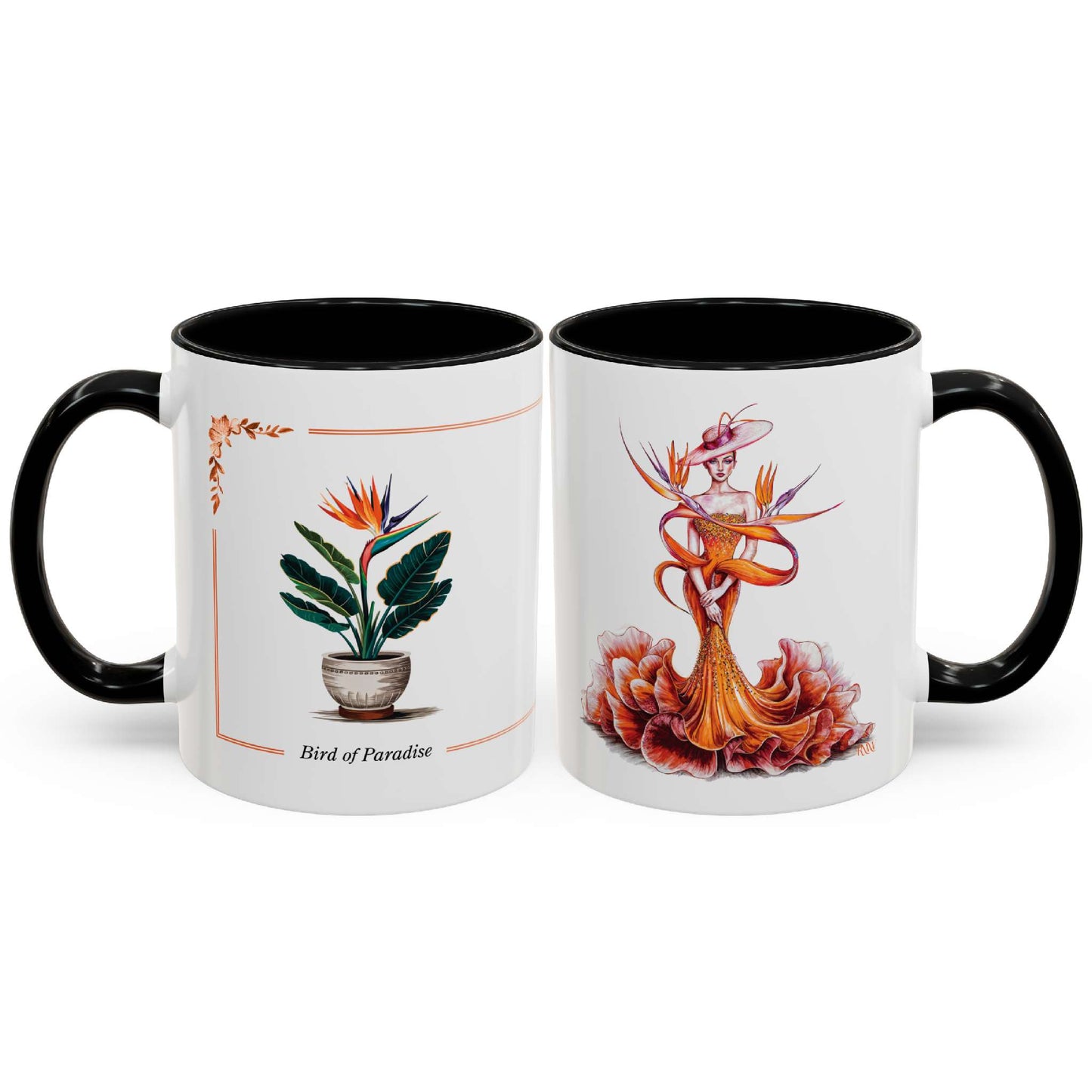 Two mugs with artistic designs on a white background