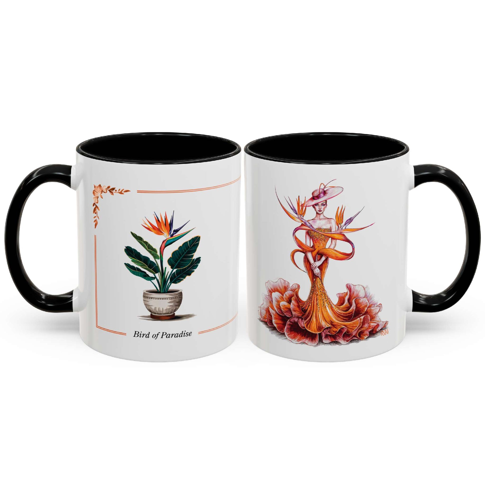 Two mugs with artistic designs on a white background