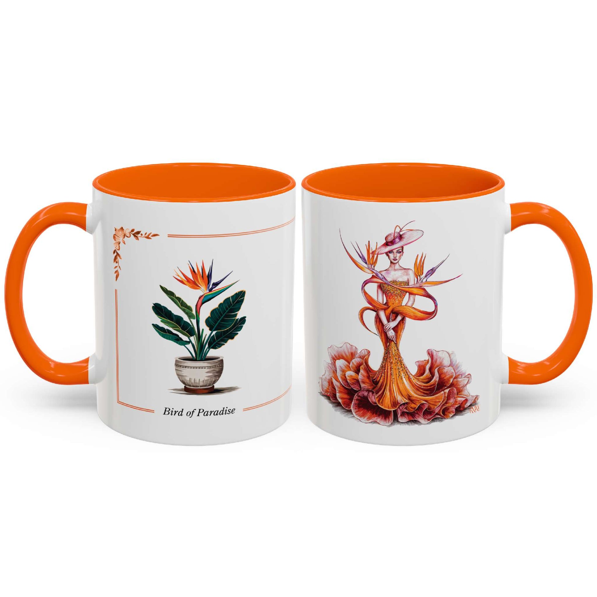 Two mugs with orange interior and handle, featuring artistic illustrations on a white background.