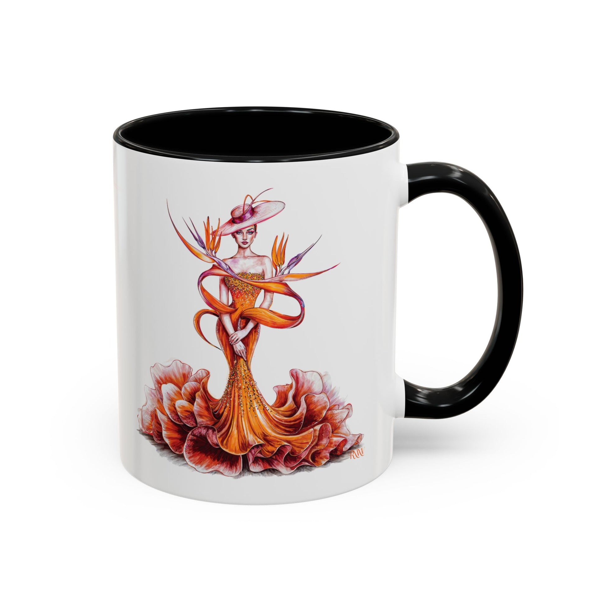 Mug with a colorful design of a woman in a dress and hat on a white background