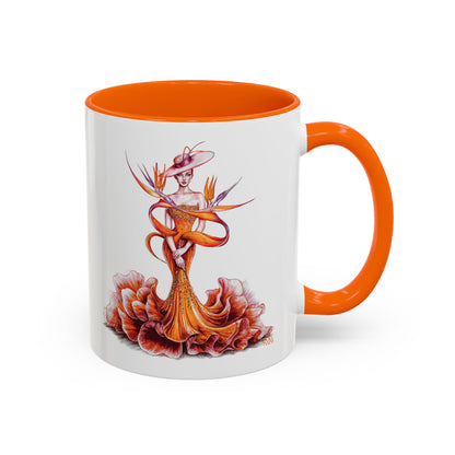 Mug with artistic design of a woman in a dress and hat, featuring orange and red colors on a white background.