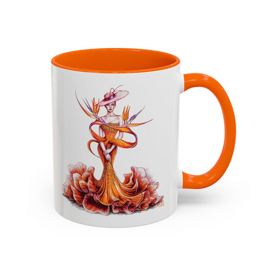 Mug with artistic design of a woman in a dress and hat, featuring orange and red colors on a white background.