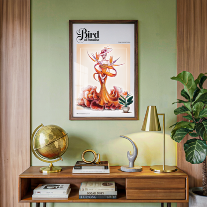 Framed artwork of a bird on a wall above a wooden shelf with decorative items.