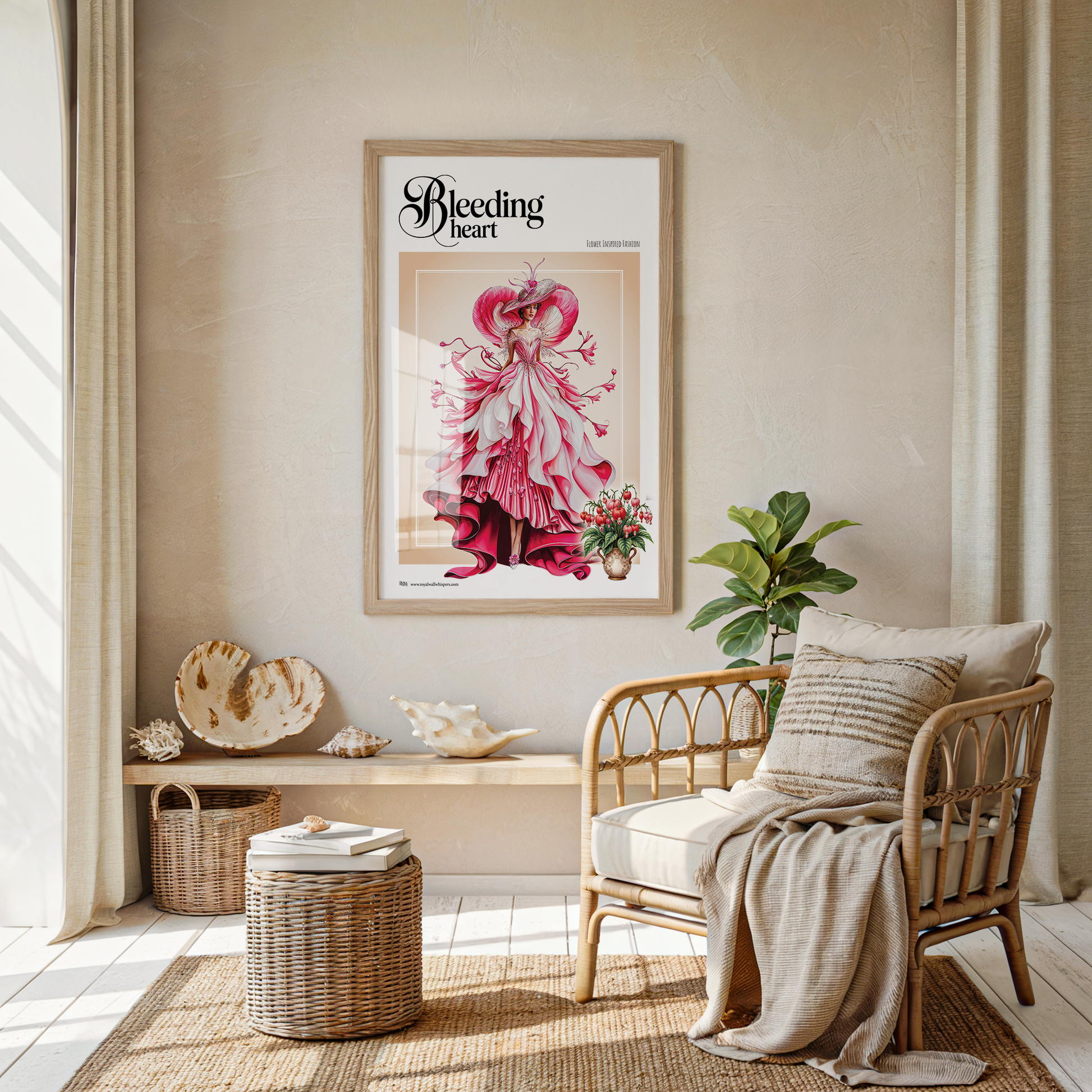 Living room with a framed artwork titled 'Bleeding Heart' on the wall, a wicker chair, and decorative items.