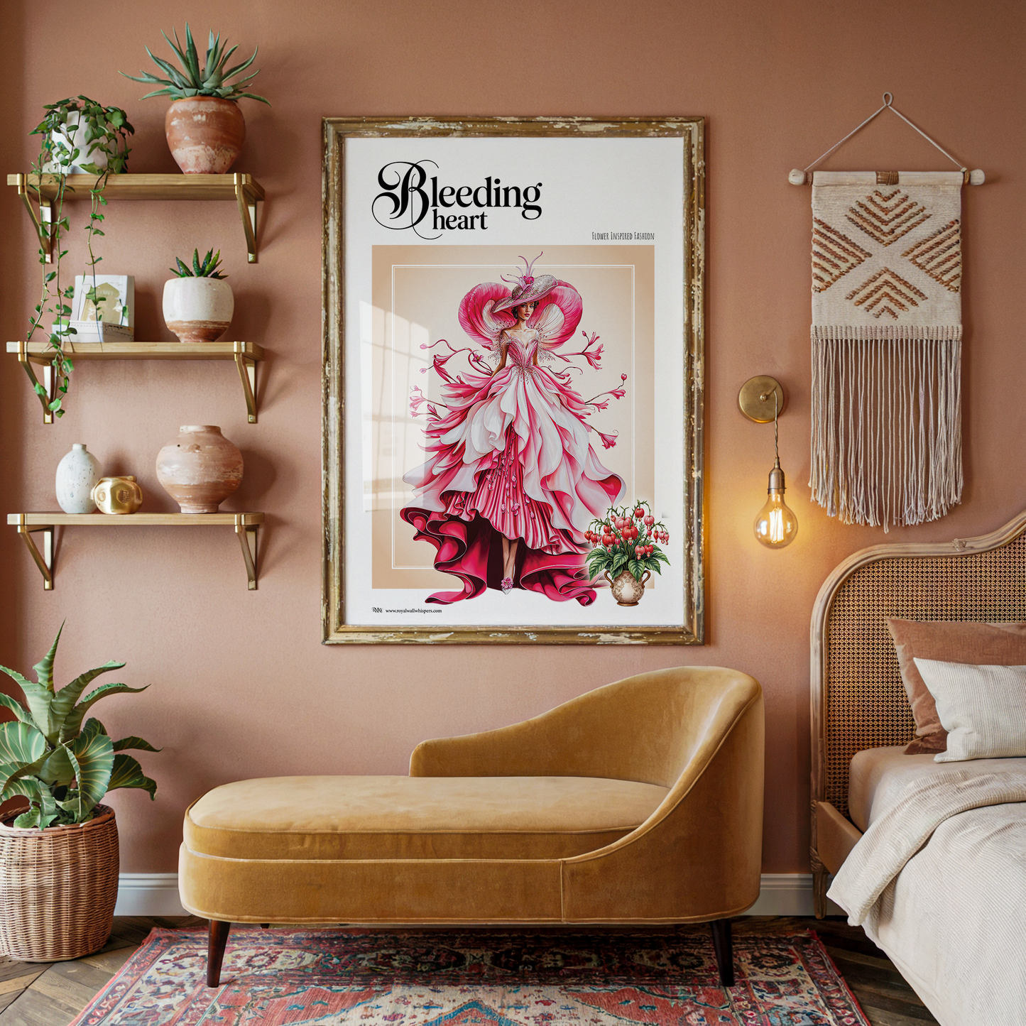 Decorative room interior with a framed poster, shelves, and a bed.