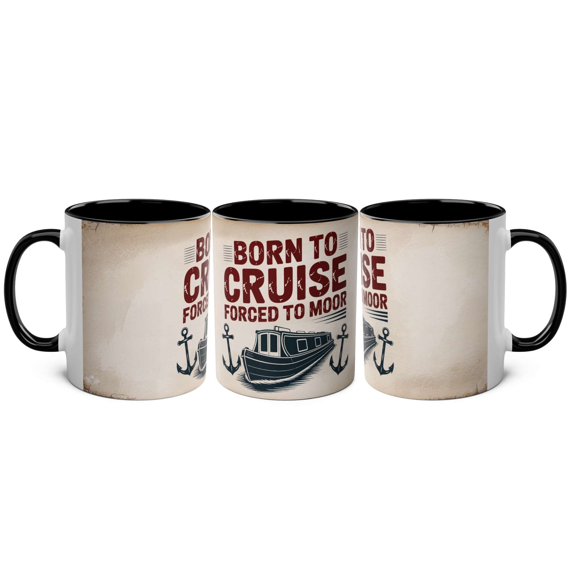 Three mugs with "Born to Cruise Forced to Moor" design on a beige background