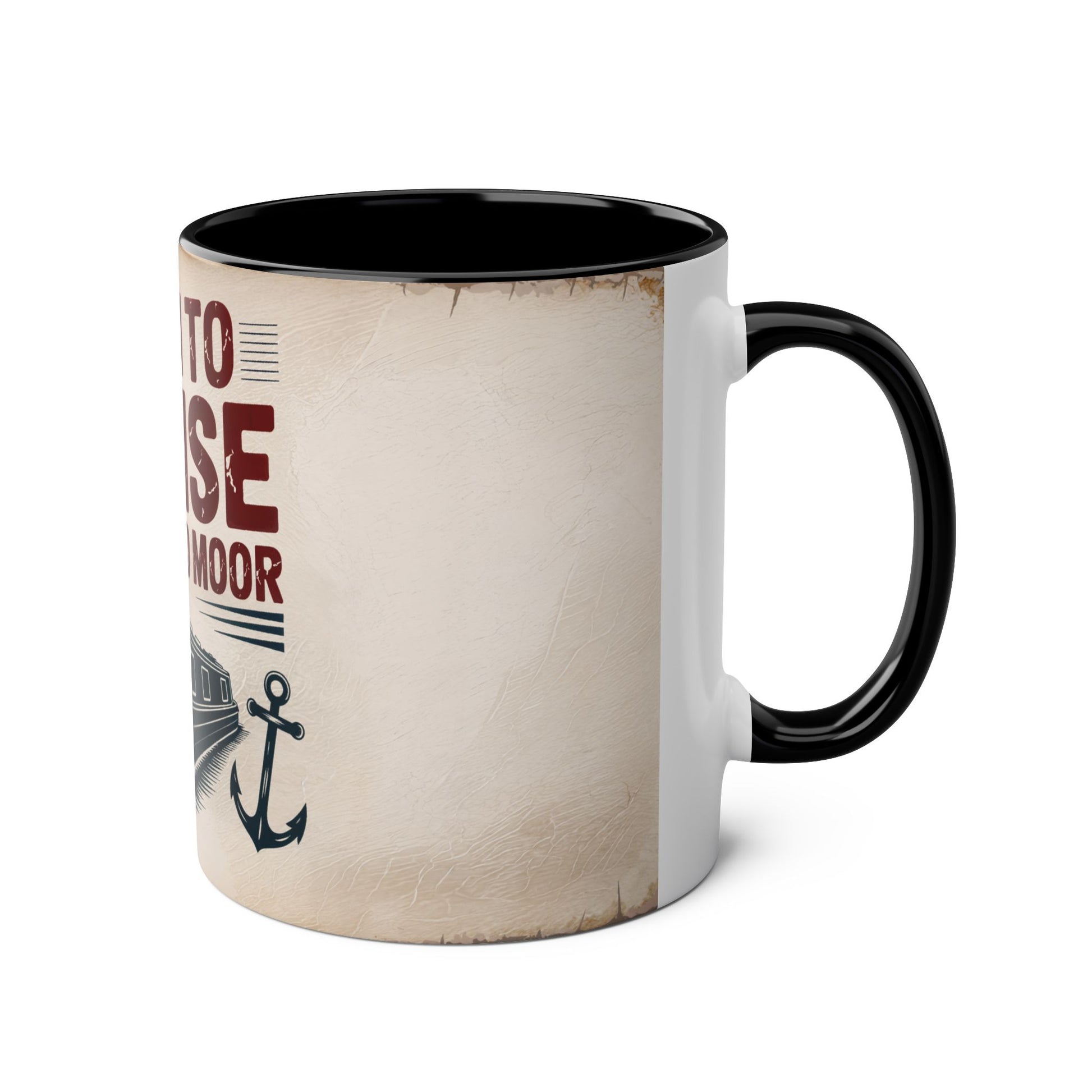 Mug with text and anchor design on a beige background