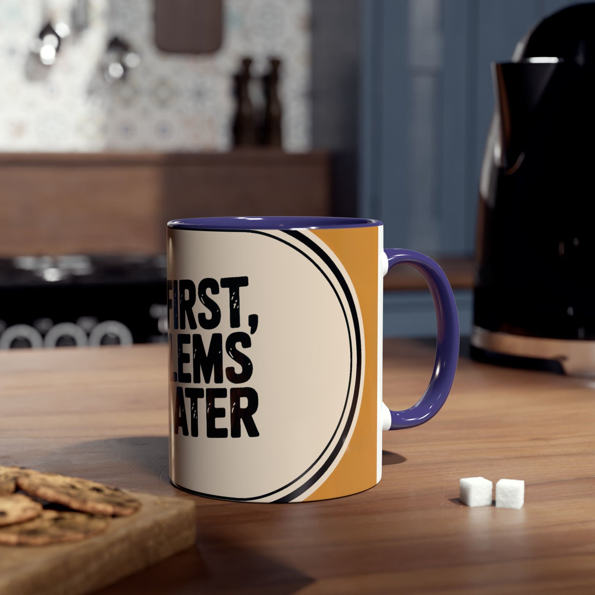 Mug with narrowboat text and design on a kitchen counter with cookies and sugar cubes.