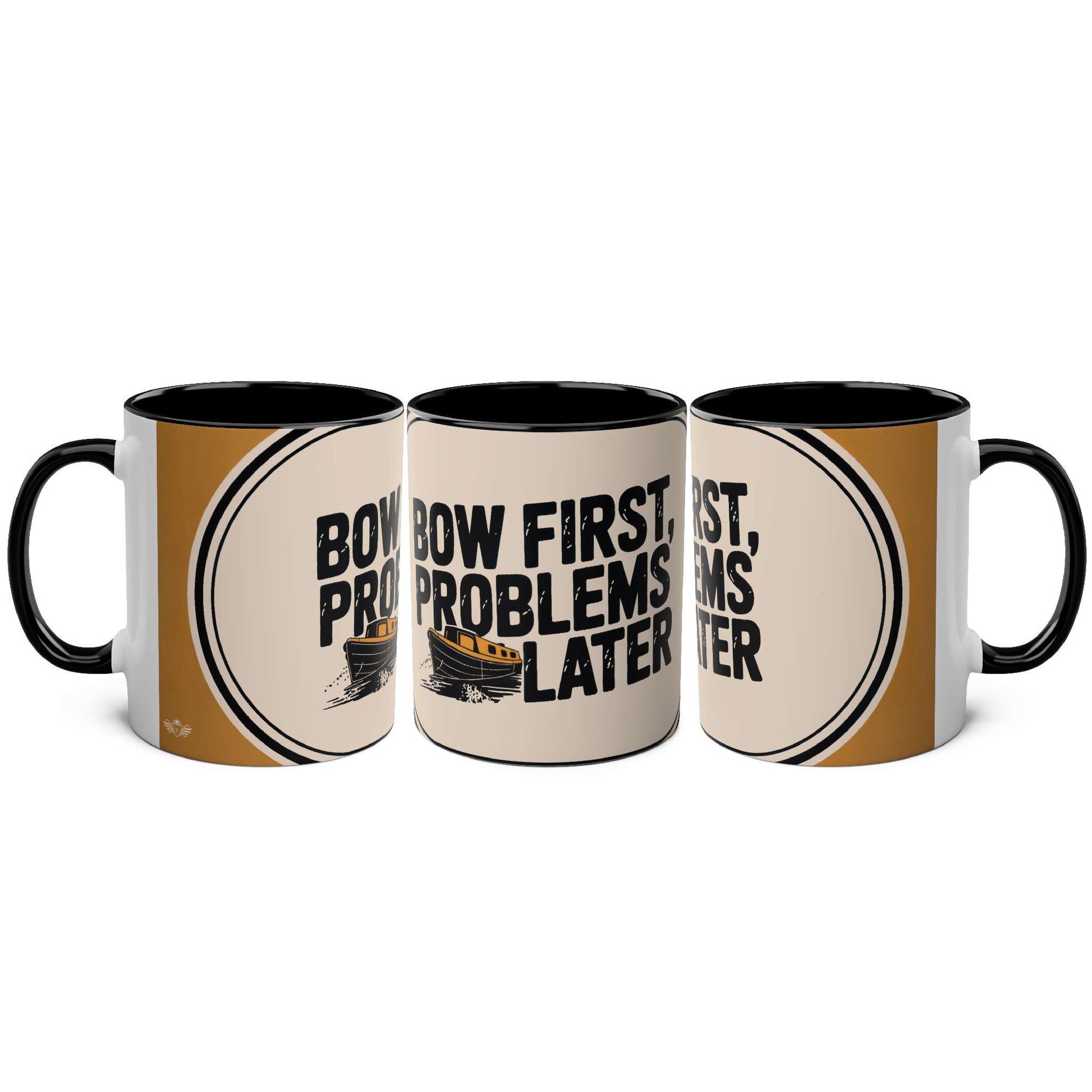 Three mugs with narrowboat text design on a white background
