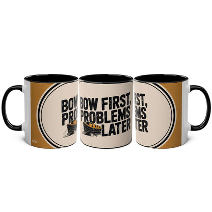 Three mugs with narrowboat text design on a white background