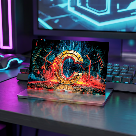 Postcard with cyberpunk letter C design on a desk with neon lights