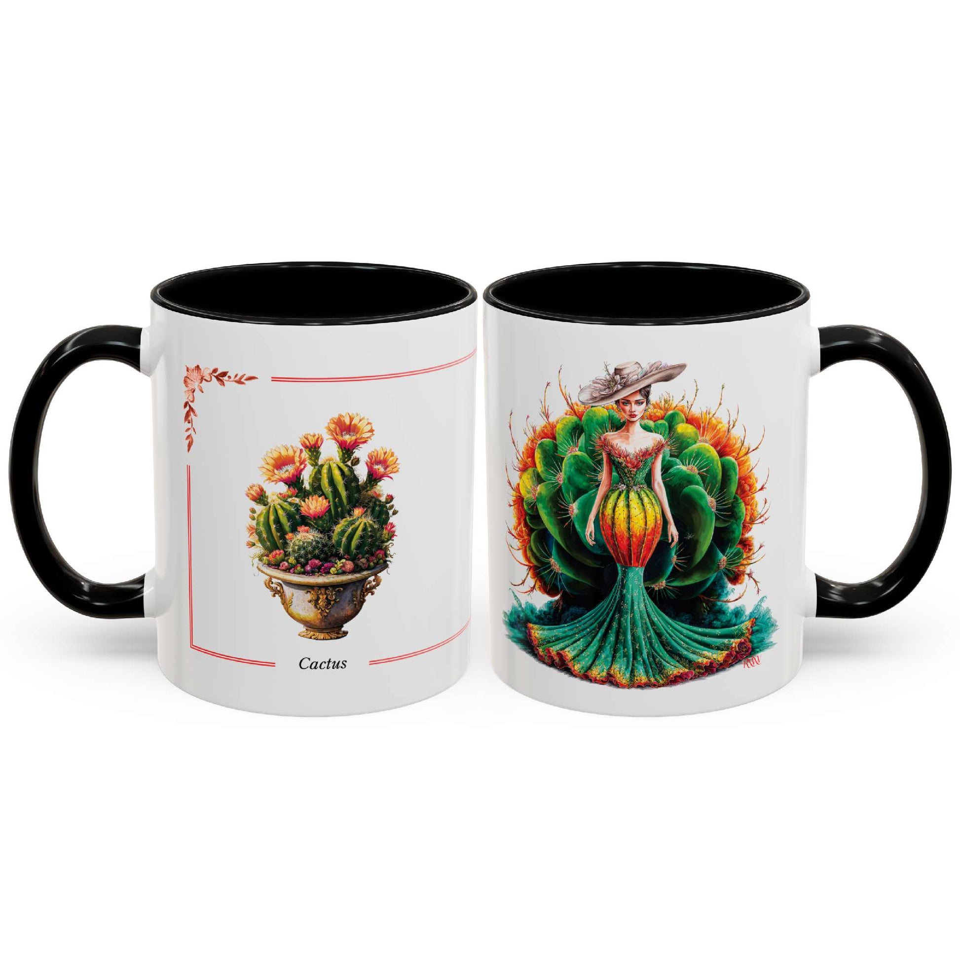 Two mugs with artistic designs of a cactus and a colorful creature on a white background