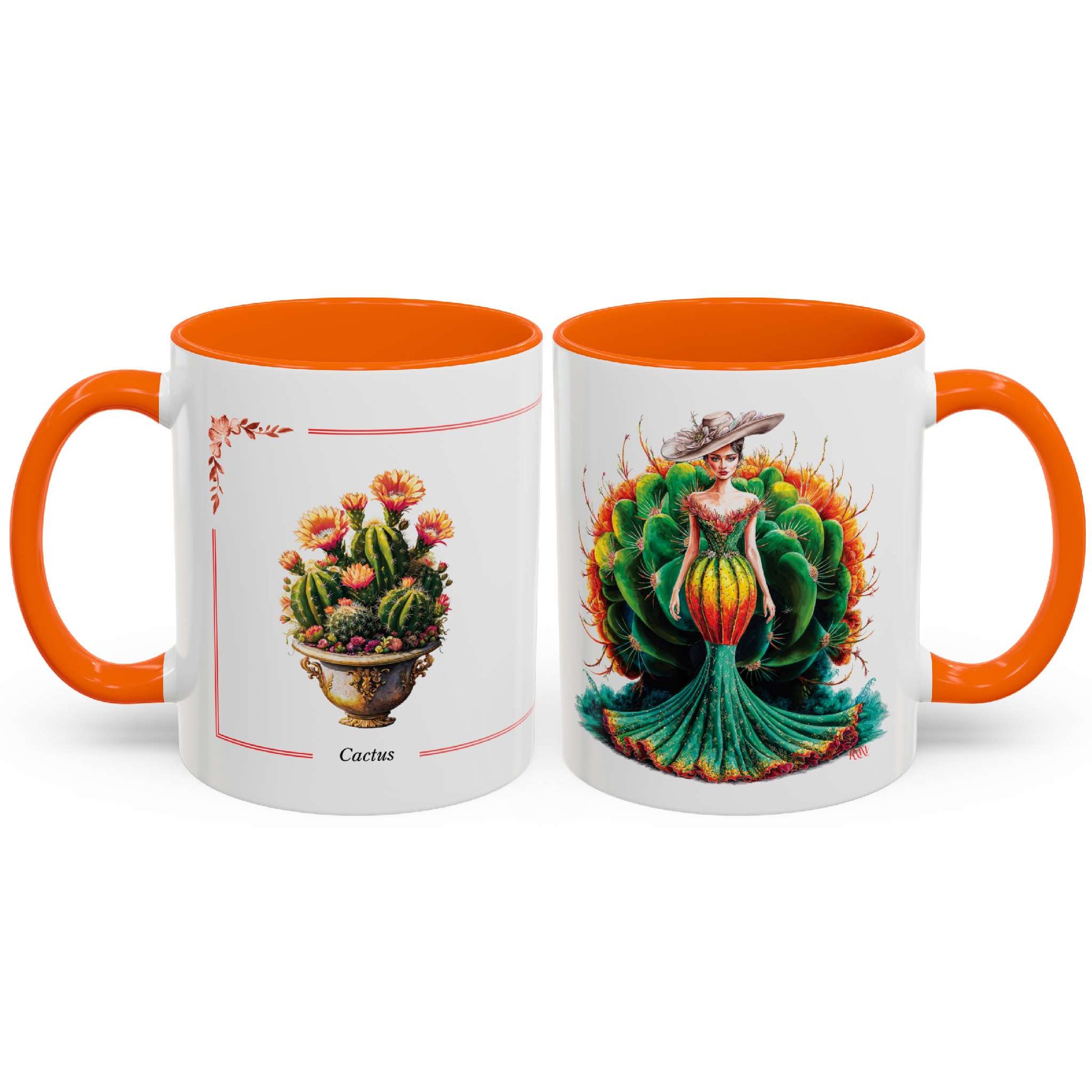 Two mugs with orange handles and cactus-themed designs on a white background