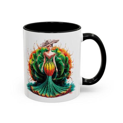 Mug with a colorful design of a woman in a dress made of flowers on a white background