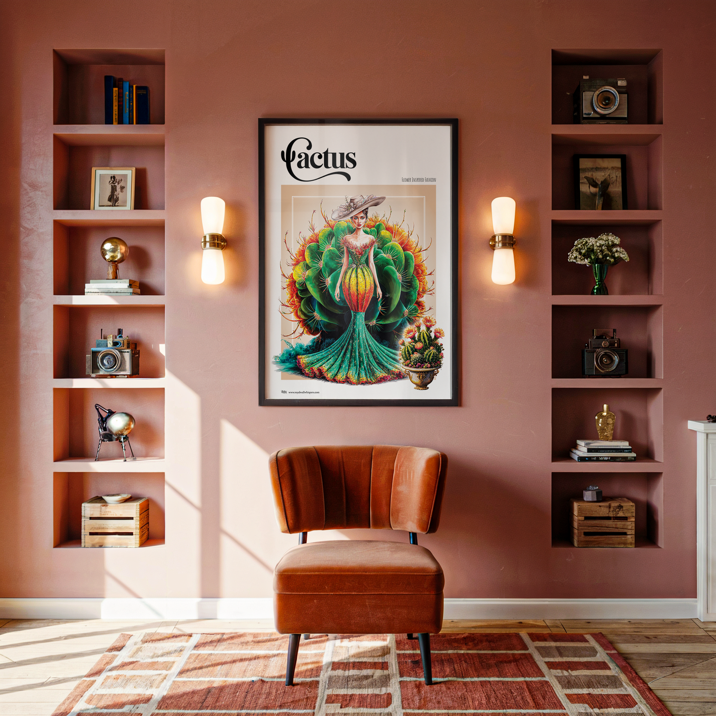 Decorative poster of a woman with a cactus like dress with a chair and shelves in a room.