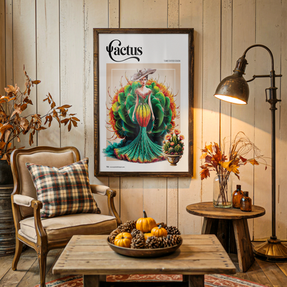 Living room with a framed art print on the wall, wooden furniture, and decorative elements.