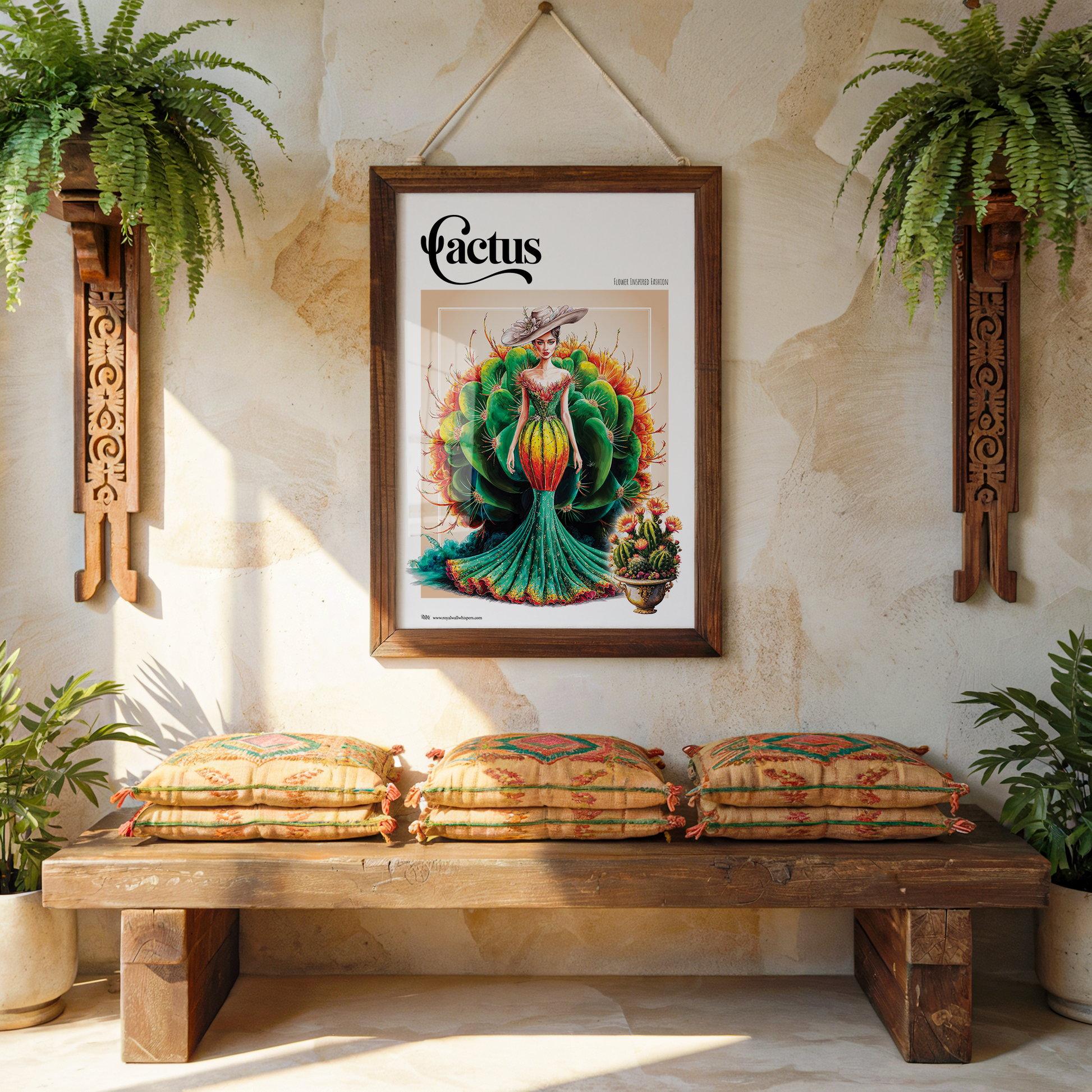 Decorative room interior with a framed poster of a woman with a cactus like dress, wooden bench, and plants.