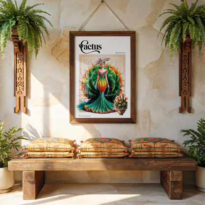 Decorative room interior with a framed poster of a woman with a cactus like dress, wooden bench, and plants.