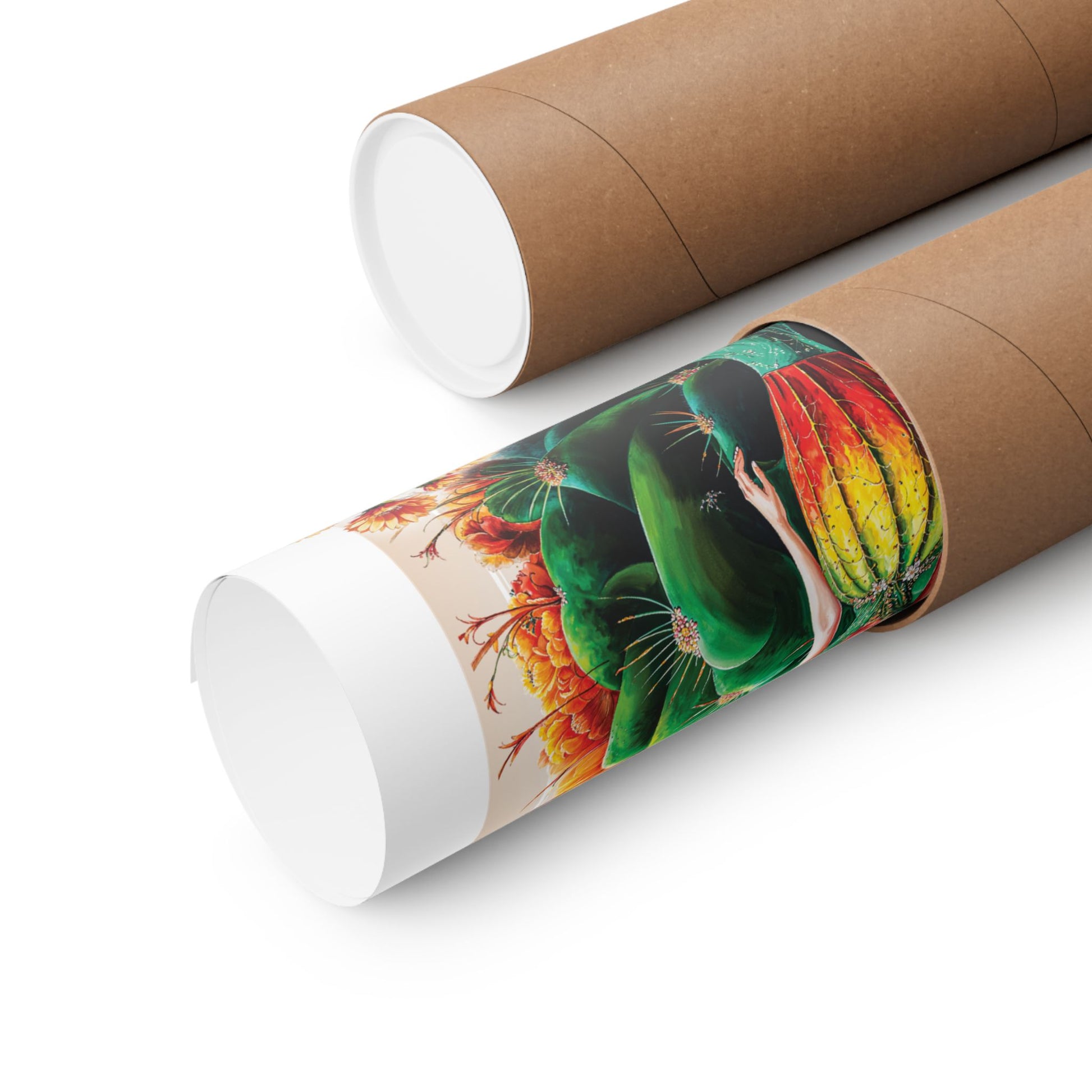 Cardboard tube with a colorful rolled poster on a white background