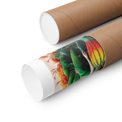 Cardboard tube with a colorful rolled poster on a white background