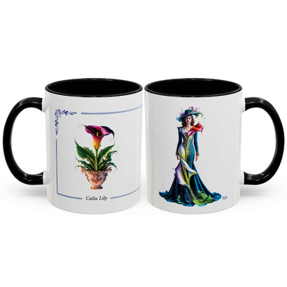 Two mugs with floral and dress designs on a white background