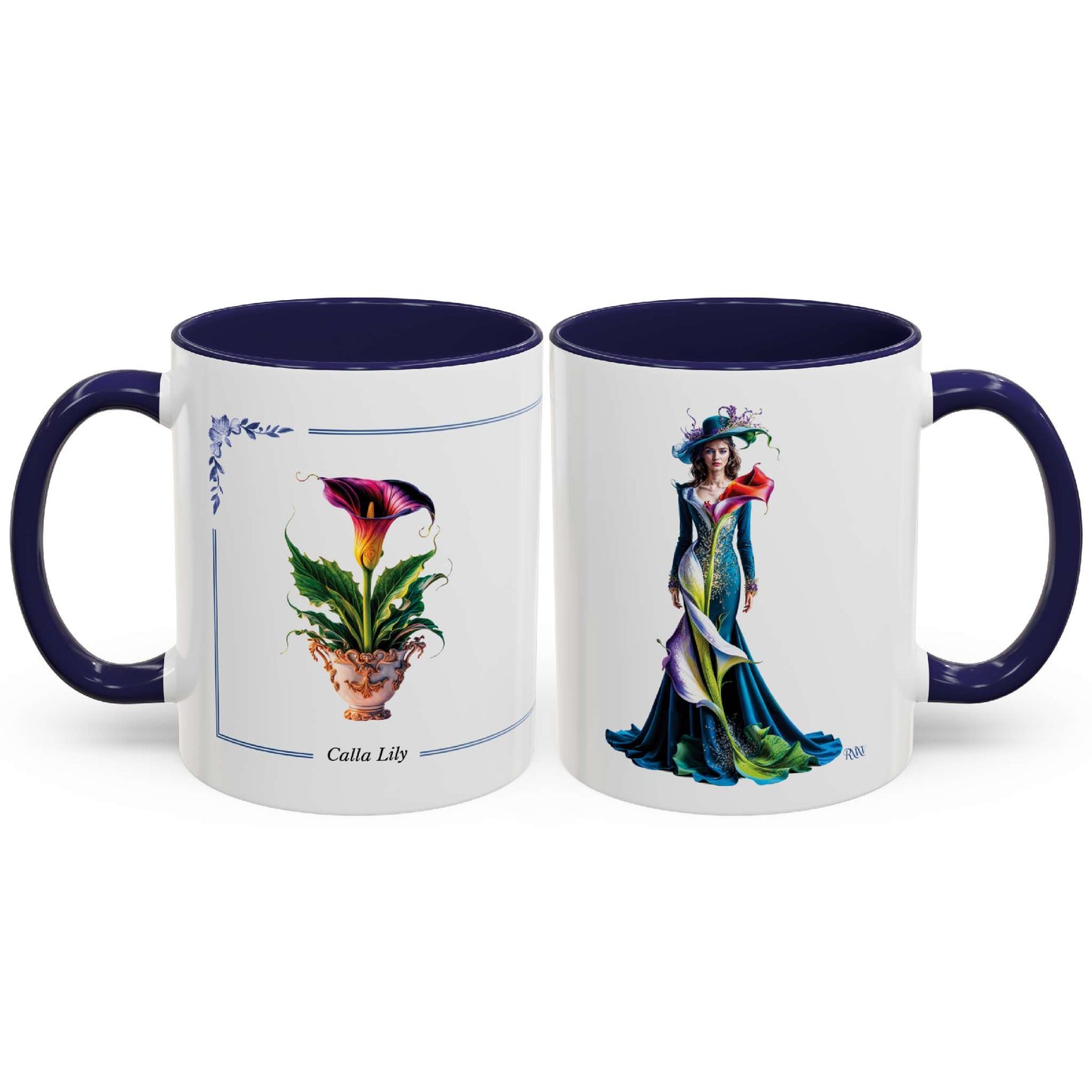Two mugs with floral and dress designs on a white background