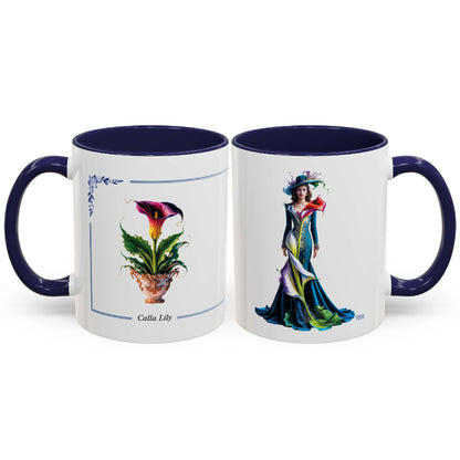 Two mugs with floral and dress designs on a white background