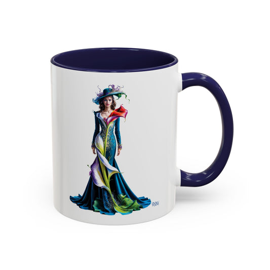 Mug with a colorful design of a woman in a dress and hat on a white background