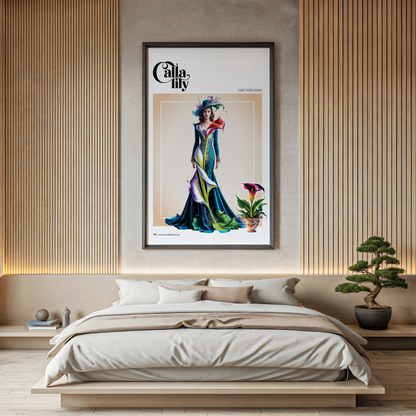 Framed artwork above a bed in a bedroom with wooden walls and decor.