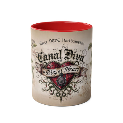 Mug with decorative text and heart design on a white background