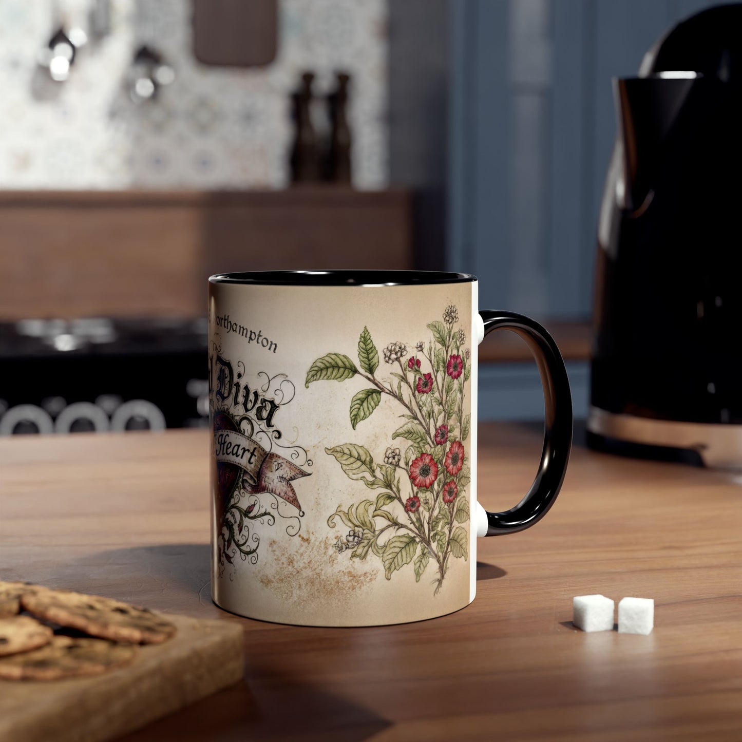 Decorative mug with heart design and text on a kitchen counter