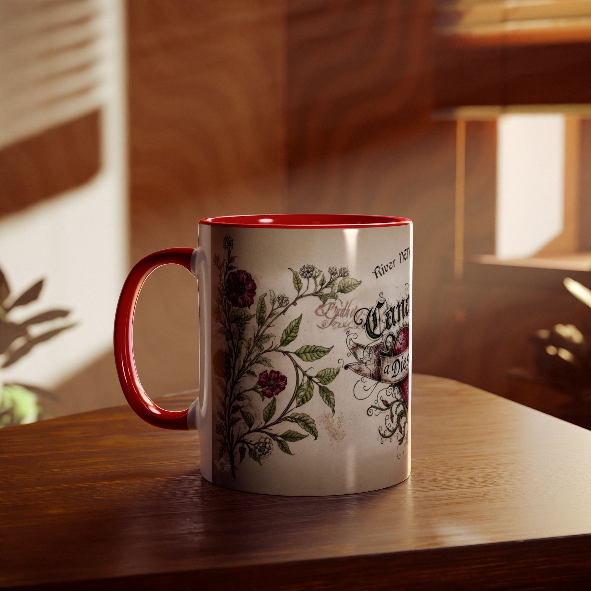 Mug with heart design and text on a wooden surface