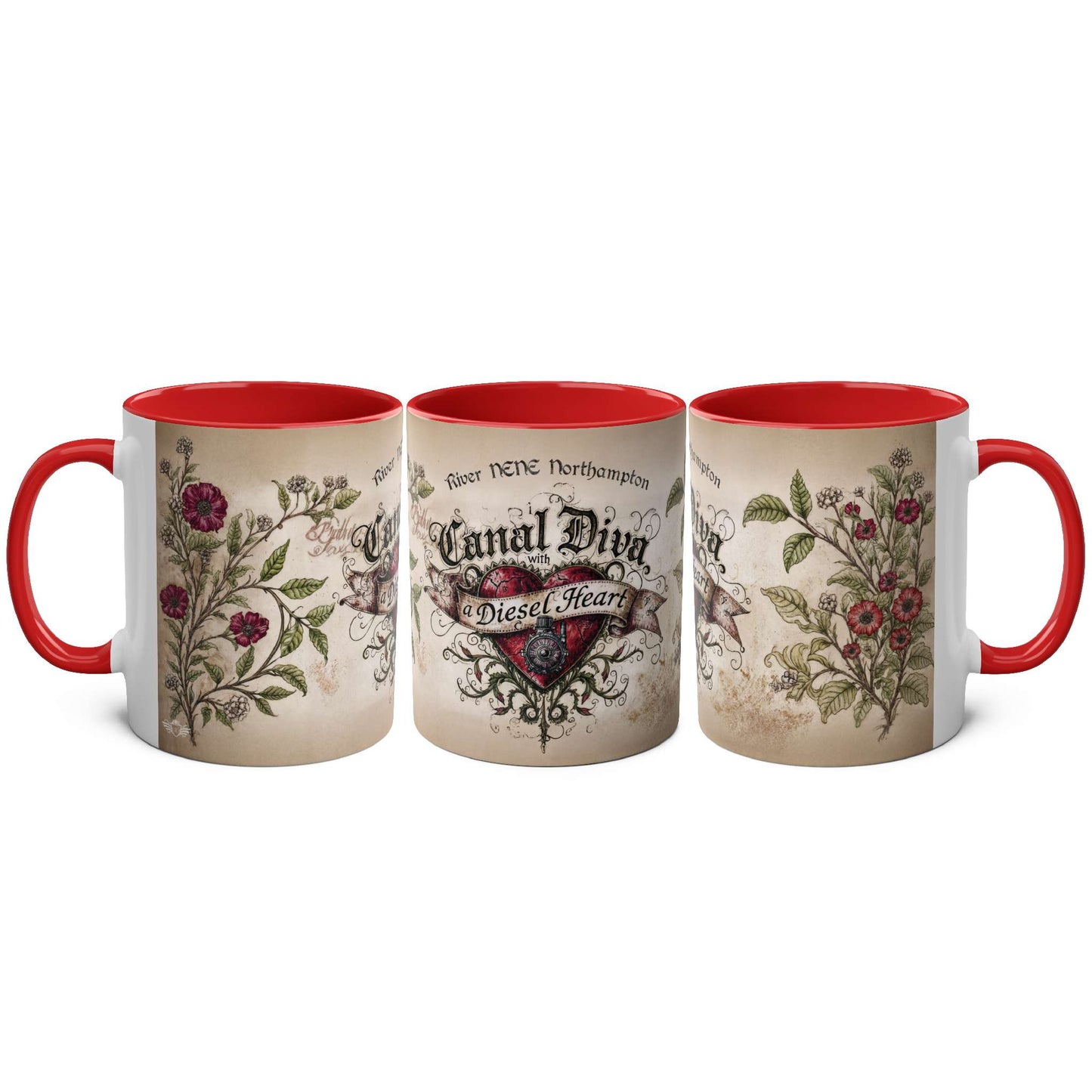 Three mugs with heart designs and red interiors on a white background