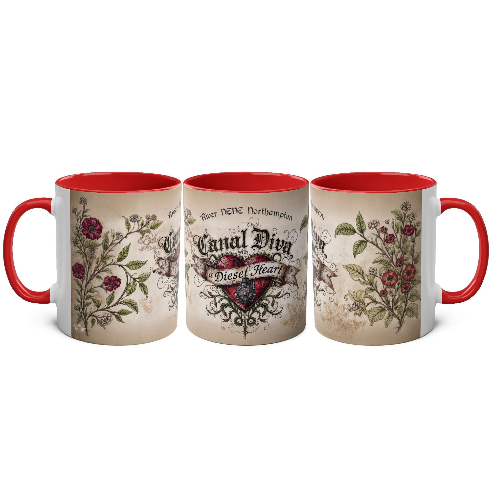 Three mugs with heart designs and red interiors on a white background