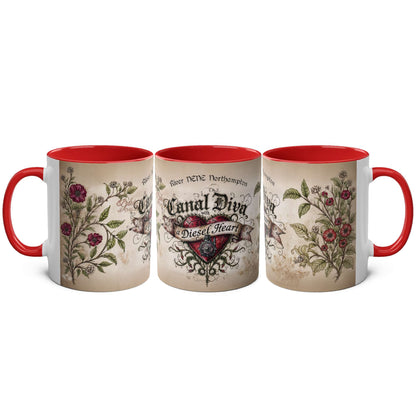 Three mugs with heart designs and red interiors on a white background