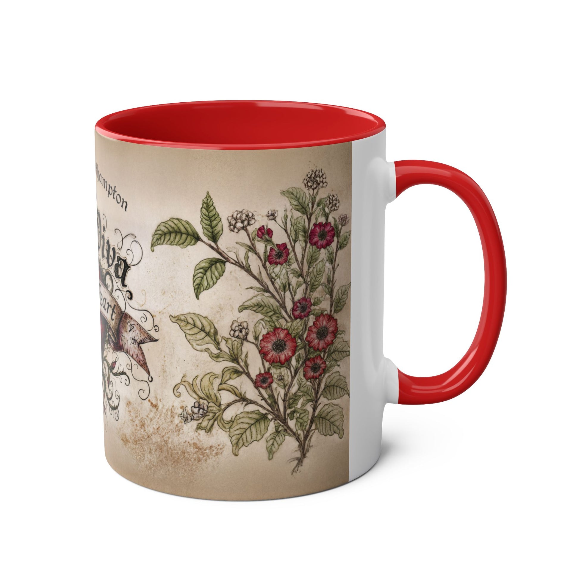 Mug with heart design and red interior and handle on a white background