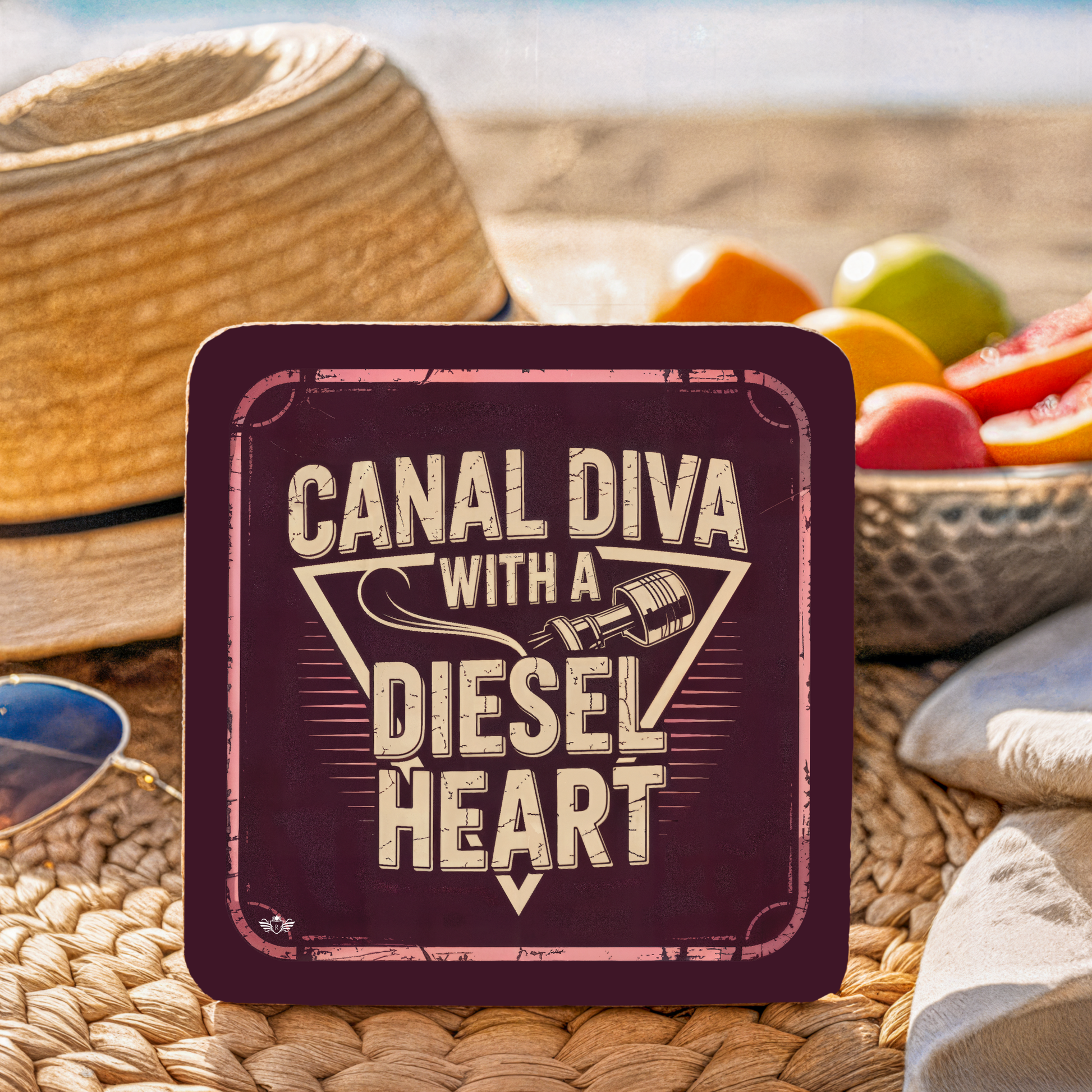 Coaster with "Canal Diva with a Diesel Heart" text on a woven surface with fruit in the background