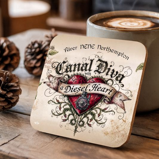 Coaster with decorative text and heart design on a wooden surface with a coffee cup.
