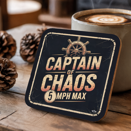 Coaster with text on a wooden table